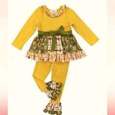 Yellow And Green Ruffled 2 Piece Fall Outfit. Super Cute!! Casual Yellow Ruffled Sets, Yellow Cotton Fall Set, Playful Yellow Fitted Sets, Playful Fitted Yellow Sets, Yellow Long Sleeve Sets For Fall, Fitted Yellow Playful Sets, Playful Yellow Long Sleeve Sets, Fall Baby Outfits, Yellow And Olive Green