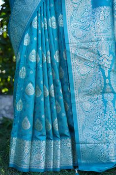 Bollywood-Inspired Banarasi Silk Saree in Bright Blue Artisanal Party Wear Sari with Blouse Authentic Indian Attire Unique Cultural Gift Celebration Blue Banarasi Silk Saree, Bollywood Blue Banarasi Silk Pre-draped Saree, Festive Blue Banarasi Silk Pre-draped Saree, Blue Tussar Silk Pre-draped Saree For Festivals, Blue Bollywood Pre-draped Tussar Silk Saree, Indian Party, Authentic Indian, Indian Attire, Bright Blue