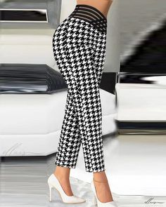 Elluis - Houndstooth Print Overlap Waist Work Pants Casual Stretch Houndstooth Pants, Tapered Leg Houndstooth Bottoms For Business Casual, Tapered Leg Houndstooth Pattern Bottoms For Business Casual, Business Casual Houndstooth Tapered Leg Bottoms, Stretch Houndstooth Pants For Work, Business Casual Tapered Leg Houndstooth Pants, Chic Stretch Houndstooth Bottoms, Casual Houndstooth Bottoms For Business Casual, Casual Houndstooth Bottoms For Business