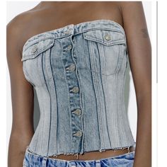 Brand New Light Blue Denim Corset Strapless Top From Zara. Size Medium (15” From Pit To Pit) Fitted Denim Bandeau Top, Trendy Fitted Bandeau Denim Top, Fitted Medium Wash Strapless Tube Top, Strapless Denim Tube Top In Medium Wash, Medium Wash Fitted Strapless Tube Top, Blue Denim Sleeveless Tube Top, Fitted Cropped Denim Tube Top, Fitted Strapless Tube Top In Medium Wash, Denim Blue Bandeau Tube Top