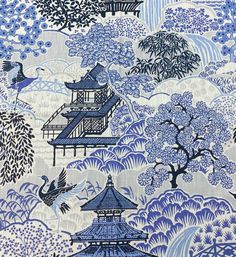 a blue and white wallpaper with pagodas, trees, and birds on it