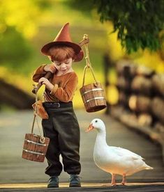 a little boy that is standing next to a white duck and holding a bucket with a bag on it