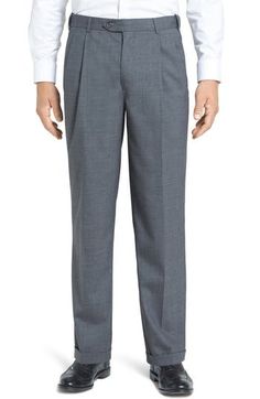 A classic pleated cut styles sharp cuffed trousers fashioned from finely textured wool gabardine and fitted with a self-sizer waistband to ensure a custom fit. 19" leg opening; 13" front rise; 18" back rise (size 34x34). Zip fly with hook-and-bar closure. Front slant pockets; back button-closure welt pockets. Partially lined. Get the perfect fit—book an appointment with one of our alterations experts 100% wool. Dry clean. By Berle; imported. Cuffed Trousers, Trousers Mens, Mens Fashion Clothing, Slim Fit Joggers, Printed Dress Shirts, Dot Print Dress, Slim Fit Dress Shirts, Trouser Style, Slim Fit Dresses