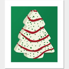 a green and white christmas tree with red ribbon on it's top, against a green background