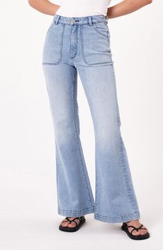 A faded finish dials up the old-favorite appeal of these impeccably flared light-wash jeans. 32" inseam; 25" leg opening; 11 1/2" front rise; 14 1/2" back rise (size 29) Zip fly with button closure Front scoop pockets; back patch pockets 99% cotton, 1% elastane Machine wash, line dry Imported Spring Medium Wash Retro Flares, Spring Retro Medium Wash Flares, Retro High Rise Flare Jeans With Frayed Hem, Light Wash Flare Denim Jeans, Faded Flare Denim Jeans, High Rise Light Wash Denim Flares, Spring Flare Faded Jeans, Spring Faded Flare Jeans, Faded Full Length Denim Flare Jeans