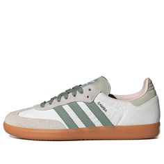 The adidas Samba OG Silver Green Putty Mauve is a classic sneaker inspired by the original 1950s indoor soccer shoe. Featuring a white leather upper with hairy suede detailing in beige, the shoe boasts iconic green stripes and a green heel tab. The rubber outsole provides traction, and the shoe is made with at least 20% recycled materials. Samba Shoes, Samba Outfit, Adidas Samba Og, Samba Og, Green Heels, Limited Edition Sneakers, Green Sneakers, Green Brands, Classic Sneakers