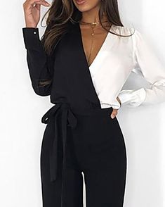 Long Sleeve Sexy V-Neck Casual Jumpsuit sold by shiook on Storenvy Chic V-neck Bodysuit For Going Out, Chic V-neck Bodysuit For Date Night, Trendy White V-neck Bodysuit, Elegant V-neck Bodysuit For Date Night, Chic White V-neck Bodysuit, Spring Workwear Black Bodysuit, Black Bodysuit For Work In Spring, Black Bodysuit For Workwear In Spring, Black Bodysuit For Spring Workwear