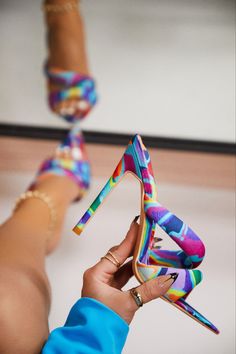 MISSLOLA.COM Spring Multicolor Fitted Heels, Multicolor Fitted Open Toe Heels, Multicolor Fitted Heels For Spring, Crazy Heels, Rainbow Heels, Miss Lola, Heeled Mule, Cute Shoes Heels, Shoes Heels Classy