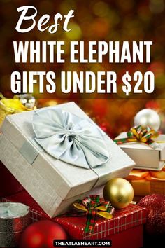 A cream-colored gift box adorned with a silver bow, sitting atop other gift boxes and Christmas tree ornaments in red and gold, with the text overlay, "Best White Elephant Gifts Under $20." Good White Elephant Gifts Ideas $25, Useful White Elephant Gifts, White Elephant Gift Ideas $25