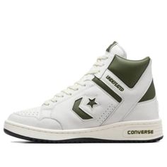 Converse Weapon 'UNDEFEATED - Chive' A08657C Leather High-top Breathable Sneakers, Casual High-top Sneakers With Perforated Toe Box, Casual Leather Basketball Shoes With Breathable Design, Urban Converse High-top Sneakers For Sports, Sporty Converse Sneakers With Round Toe, Sporty Leather Converse Sneakers, Converse High-top Sneakers For Sports With Round Toe, Converse High-top Basketball Shoes With Rubber Sole, Converse Urban Mid-top Sneakers