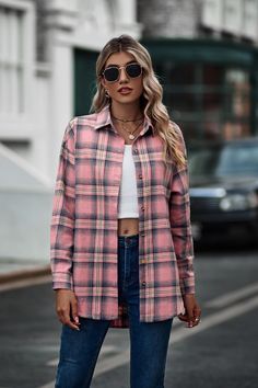 Women's Plaid Coat Oversized Long Sleeve Lapel Button Down Fall Oufit Plaid Shirt Pink Casual Winter Shirt, Oversized Pink Shirt For Fall, Casual Single-breasted Shirt For Fall, Pink Long Sleeve Flannel Shirt For Fall, Relaxed Fit Flannel Shirt With Button Closure For Spring, Spring Relaxed Fit Flannel Shirt With Button Closure, Spring Flannel Shirt With Relaxed Fit, Casual Pink Button-up Flannel Shirt, Oversized Single Breasted Button-up Top