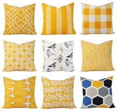 six different yellow and white pillows with the words mix and match in black, blue, orange