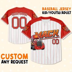 Custom Cars Mack Red Custom Number Baseball Jersey 1 Red Lightning, Disney Villain Shirt, Cars Characters, Toy Story Shirt, Minnie Shirt, Custom Baseball Jersey, Epcot Shirts, Disney Shop, Lightning Mcqueen