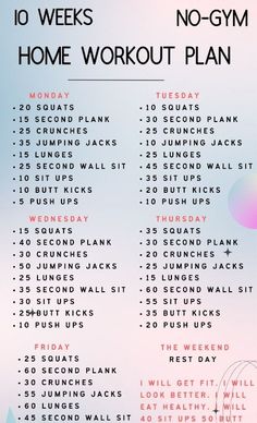 the 10 - week no - gym home workout plan is shown in pink and blue