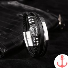 Black Leather Steel Compass Bracelet - A Stylish Accessory for Sea Lovers Looking for the perfect accessory to show off your love for the sea? Look no further than our Black Leather Steel Compass Bracelet. Crafted with passion and attention to detail, this bracelet is a must-have for any sea enthusiast. Whether you're sailing the open waters or simply want to add a touch of nautical charm to your everyday outfit, this bracelet is the perfect choice. Compass Bracelet is one of our most popular co Black Metal Wrap Bracelet For Gift, Penguin Bracelet, Crab Earrings, Compass Bracelet, Sea Lover, Viking Runes, Nautical Jewelry, Sea Inspired, Leather Bracelets