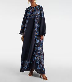 Flying printed silk voile kaftan in blue - La Double J | Mytheresa Printed Silk Long Sleeve Kaftan, Silk Floral Print Tunic Kaftan, Silk Long Sleeve Printed Kaftan, Silk Embroidered Kaftan With Kimono Sleeves, Embroidered Silk Kaftan With Kimono Sleeves, Elegant Printed Silk Kaftan, Elegant Silk Printed Kaftan, Bohemian Silk Kaftan For Daywear, Silk Bohemian Kaftan For Daywear