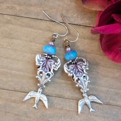 Bird and Leaf Vintage Style Silver Earrings, Nicki Lynn Jewelry Whimsical Silver Czech Glass Jewelry, Whimsical Czech Glass Silver Jewelry, Lavender Leaves, Bird Charm, Bird Jewelry, Wilmington Nc, Ear Hook, Silver Filigree, Wrap Top