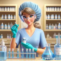 a woman in scrubs and gloves is holding a pipe with blue liquid on it