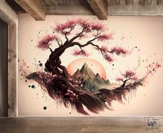 an artistic painting on the wall of a room with mountains and trees painted on it