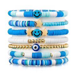 7Pcs Preppy Heishi Bracelets Kit Sky Blue Smile Evil Eye Star Beaded Surfer Bracelets Polymer Clay Heishi Bracelets, Layering Bracelets, Clay Bead Necklace, Beaded Braclets, Preppy Bracelets, Preppy Jewelry, Surfer Bracelets, Clay Bracelet, Diy Bracelet Designs