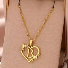 Letter B Chain Stainless Steel Gold Color Dainty Flower Initials Necklace Gift Gold Chain Locket Designs, Alphabet Necklace Initials, Initials Necklace, Locket Design, Real Gold Chains, Alphabet Jewelry, Alphabet Necklace, Heart Letter, Letter B