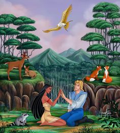 the princess and the frog are sitting on the ground in front of an animal forest