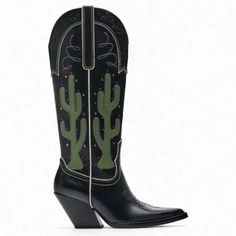 Zara Cactus Cowboy Boots -Bnwt -In Perfect Condition -Bought Them On Sale So I Am Accepting Offers :) Zara Size 8 = Eu 39 High Heel Cowboy Boots, High Cowboy Boots, Knee High Cowboy Boots, Black Cowgirl Boots, Black Cowgirl, Black Cowboy Boots, Zara Boots, Cactus Design, Pointed Toe Boots