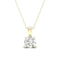 This solitaire lab-created diamond necklace is a statement piece that will go with everything you own. Made in responsibly sourced 10K solid yellow gold for everyday wear. Stone: Set with 1/3 ct. t.w. lab-created diamonds. Adjustable Chain Length: 16 in. + 2 in. Chain Width: 0.5 mm Gold Solitaire Necklace With Lab Grown Diamond For Anniversary, Timeless Yellow Gold Solitaire Necklace With Lab Grown Diamond, Yellow Gold Moissanite Round Pendant Necklace, Yellow Gold Moissanite Round Cut Necklace, Formal Gold Necklace With Lab Grown Diamonds, Gold Solitaire Necklace With Prong Set Lab Grown Diamond, 14k Yellow Gold Solitaire Necklace, Classic Yellow Gold Solitaire Necklace With Lab Grown Diamond, Gold Solitaire Necklace With Prong Setting