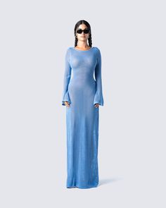 Move with a type of confidence they will all be envious of in this blue sweater knit maxi dress 💙 Crafted with crochet knit - this piece features a high front neckline, low scoop back, and flared long sleeves. Show them what you got in the most comfortable, yet elegant way 😇 Sheer Knit Dress, Periwinkle Clothes, Long Crochet Dress, Blue Crochet Dress, Long Sleeve Crochet Dress, Sea Outfit, White Corset Dress, Blue Sweater Dress, Blue Knit Dress