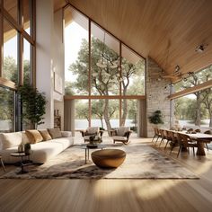 a living room filled with lots of furniture and large windows next to a wooden floor