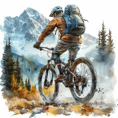 a watercolor painting of a man riding a mountain bike with a backpack on his back