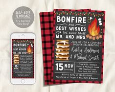 a red and black checkered table cloth next to an iphone with bonfire and best wishes for the son - to - be