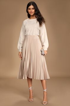 Champagne Satin Skirt - Satin Midi Skirt - Pleated Midi Skirt - Lulus Burgundy Skirt Cream Top, Bridesmaid Satin Skirt, Satin Midi Skirt And Jumper, Fall Wedding Guest Attire Skirt, Cashmere Sweater Tulle Skirt, What To Wear To A Baby Shower As A Guest Skirt, Bridesmaid Sweater And Skirt, Duchess Satin Skirt, Jumper Satin Skirt