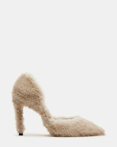 FABLE Tan Faux Fur Stiletto Pump Heel | Women's Heels Chic Pointed Toe Heels With Feather Trim, Chic Winter Heels With Sculpted Heel, Winter Party Heels With Sculpted Heel, Chic Winter Heels With Padded Heel, Winter Evening Heels With Sculpted Heel, Chic Beige Heels For Winter, Cute Shoes Flats, The Fable, Steve Madden Heels