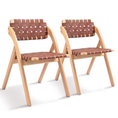 two wooden chairs sitting side by side on a white background, one has a brown woven seat and the other is made from wood