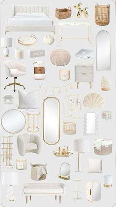 a collage of white and gold furniture, including a bed, chair, mirror, table