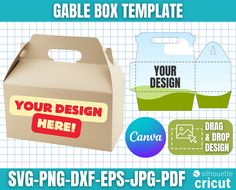 a cardboard box with the words your design here on it and some other stickers