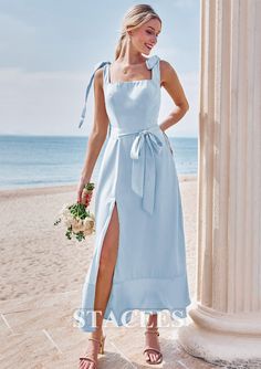 Sheath/Column Square Neckline Sleeveless Tea-Length Stretch Satin Bridesmaid Dress with Bowknot Ruffles Split S7463B - Bridesmaid Dresses - Stacees Santorini Blue, Satin Bridesmaid Dress, Evening Dresses Cocktail, Satin Bridesmaid Dresses, Matching Accessories, Stretch Satin, Square Necklines, Tea Length, Square Neckline