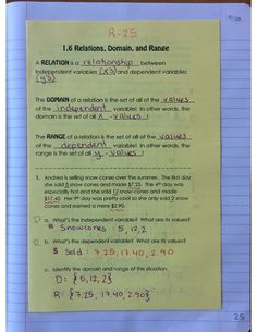 a piece of paper with writing on it that says r - 2 5 relationss, domain and range