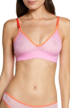 Mesmerizing sheer mesh elevates a plunging bralette designed with triangle cups and a comfy wide band. V-neck Adjustable straps 90% nylon, 10% elastane Hand wash, line dry Imported Mesh Bralette, Triangle Bralette, Pink Coral, Wide Bands, Winter Sports, Korean Beauty, Bralette, Adjustable Straps, Coral