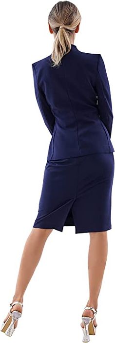 Make a statement in this fashionable two-piece skirt and suit jacket set composed of a modern dark blue deep V-neck and long sleeves. Perfect for formal occasions or dressed up casual, this set will leave you looking your best. Imported 63% Rayon, 32% Nylon, 5% Spandex Button closure Machine Wash Only Brand Size Dress Bust Waist Hip XS 0-2 31-32.5'' 23-24'' 31-34" S 4-6 33-35'' 25-26'' 35-37" M 6-12 35-36'' 27-28'' 38-39" L 12-14 38-40'' 29-31'' 40-42" XL 14-16 40-42'' 33.5-36'' 44-46" 2XL 18-20 42"-44" 37"- 40" 47"-50" 3XL 22-24 44"-46" 41"-46" 51"-55" 4XL 26-28 46"-48" 47"-50" 56-60" Formal Pencil Skirt Suit For Fall, Blue Long Sleeve Skirt Suit For Office, Fitted Blue Skirt Suit For Office, Blue Notch Lapel Skirt Suit For Formal Occasions, Tailored Blue Skirt Suit For Business, Blue Fitted Skirt Suit For Office, Blue Tailored Skirt Suit For Business, Tailored Knee-length Skirt Suit For Formal Occasions, Elegant Blue Business Skirt Suit