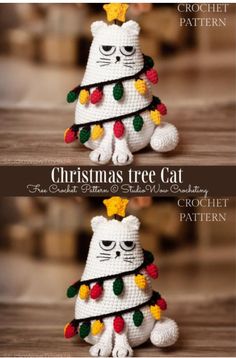 two crocheted christmas tree cats sitting next to each other