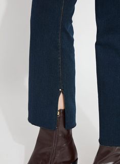 The Eloise Slim Flare w. Piping, made from 4-way stretch Knit Denim, is a slim jean with center back seams for shape through the rear and thigh, a concealed patented waistband and exaggerated flare. It features side seams – detailed in Vegan Suede piping – that are shifted to the front to create the illusion of a slimmer hip. Detailing includes a raw-edge hem, Tobacco topstitching and inseam slits with gunmetal studs. Pull them on with the Cropped Schiffer and Natalia Distressed Vegan Blazer. Kn Denim Blue Mid-rise Bottoms With Seam Detailing, Mid-rise Denim Blue Bottoms With Seam Detailing, Fitted Denim Blue Jeans With Seam Detailing, Classic Stretch Denim Blue Bottoms, Elegant Straight Denim Bottoms, Classic Stretch Dark Wash Bottoms, Denim Blue Jeans With Seam Detailing For Work, Dark Wash Jeans With Seam Detailing For Work, Elegant Dark Wash Fitted Pants