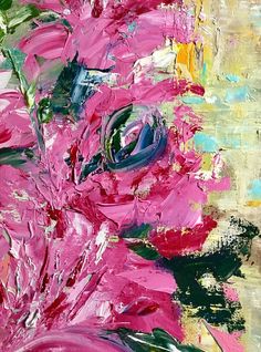 an abstract painting of pink flowers with green leaves