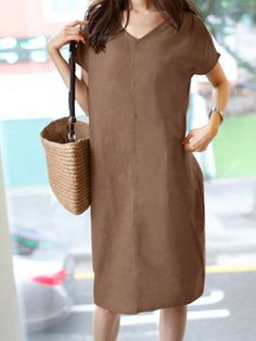 Solid Short Sleeve V-neck Vintage Dress for Women Casual V-neck Dress With Split Neck, Brown V-neck Solid Color Dress, Brown V-neck Solid Dress, Brown V-neck Dress, Casual Shift Midi Dress With Split Neck, Casual V-neck Dress With Notched Neckline For Work, Casual Knee-length V-neck Dress, Casual Brown V-neck Mini Dress, Singapore Malaysia