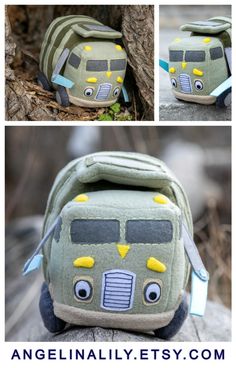 the back side of a green backpack with yellow eyes on it, and an image of a