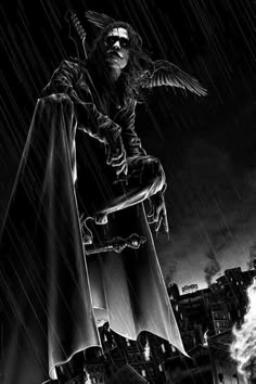 a black and white photo of a man on a skateboard in the rain with an angel above him