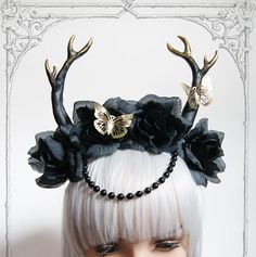 Golden Deer Headdress antlers goth fantasy by BlackUnicornShop Horned Fantasy Headpiece For Festival, Fantasy Horned Headpiece For Festival, Adjustable Horned Fantasy Headpiece, Fantasy Handmade Round Crown Headpieces, Handmade Fantasy Headpieces, Handmade Fantasy Headpiece For Costume Party, Fantasy Headband For Costume Party, Fantasy Style Headband For Masquerade, Whimsical Handmade Cosplay Headpieces