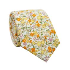 a yellow and orange flowered tie with green leaves on the bottom, against a white background