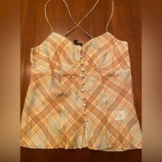 Satin, Button Front, Great 90s Style. Vintage Button Closure Tops For Day Out, Plaid Buttoned Tops For Summer, Summer Plaid Tops With Buttons, Retro Buttoned Tops For Day Out, Retro Tops With Buttons For Day Out, Fitted Plaid Tops For Day Out, Plaid Tops With Button Closure For Summer, Fitted Plaid Summer Top, Plaid Tops With Button Closure For Day Out